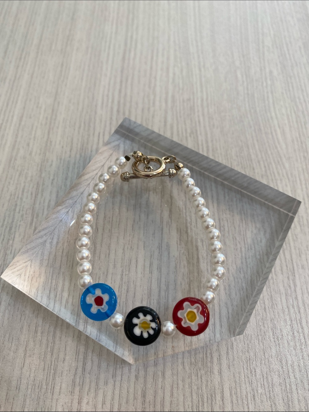 Handmade Pearl Glass  Bracelet with Colorful Flower Beads